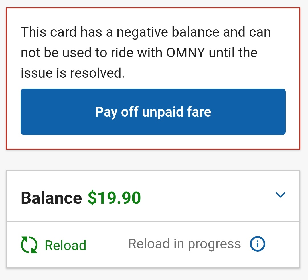 Um... what is this, <a href="/OMNY/">OMNY</a>? The card is funded, why are you saying that it has a negative balance? Will it work when I need to get on the train? This isn't working, <a href="/MTA/">MTA</a>.
