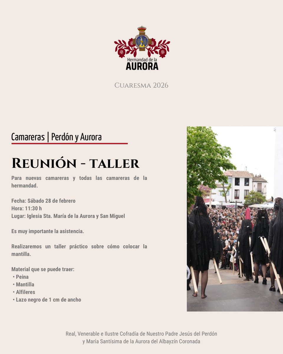 PerdonAurora's tweet photo. #Camareras 📢 | Reunión informativa y taller.
Para nuevas camareras y todas las camareras de la hermandad.
📅 Sábado 28 de febrero
🕦 11:30 h
📍 Iglesia Sta. María de la Aurora y San Miguel
⚠️ Es muy importante la asistencia.
👇🏻 https://t.co/6wgAPA80xD