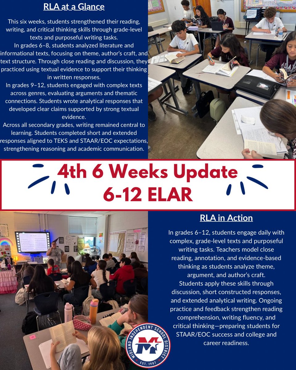 MISDTandL's tweet photo. In the 4th 6 weeks, K-5 RLA and 6-12 ELAR students are engaging in rigorous reading and writing instruction and activities to ensure they are developing critical thinking skills. We are so proud of the use of grade level text, frequency of writing, and quality of thinking. https://t.co/icOz23v9CX