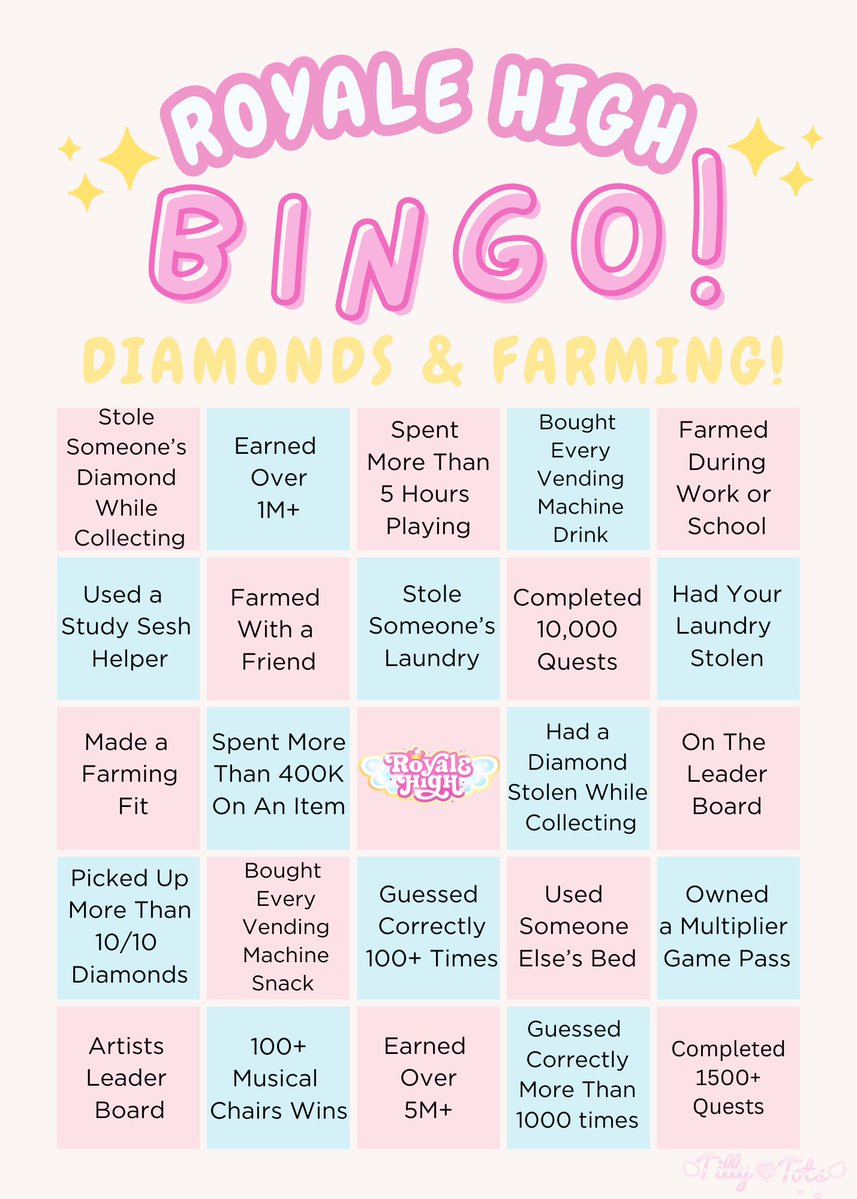 Bingo Time, Part 2!
⋆˚࿔ Diamonds and Farming! ⋆˚࿔
How many can you tick off? Did you get bingo?