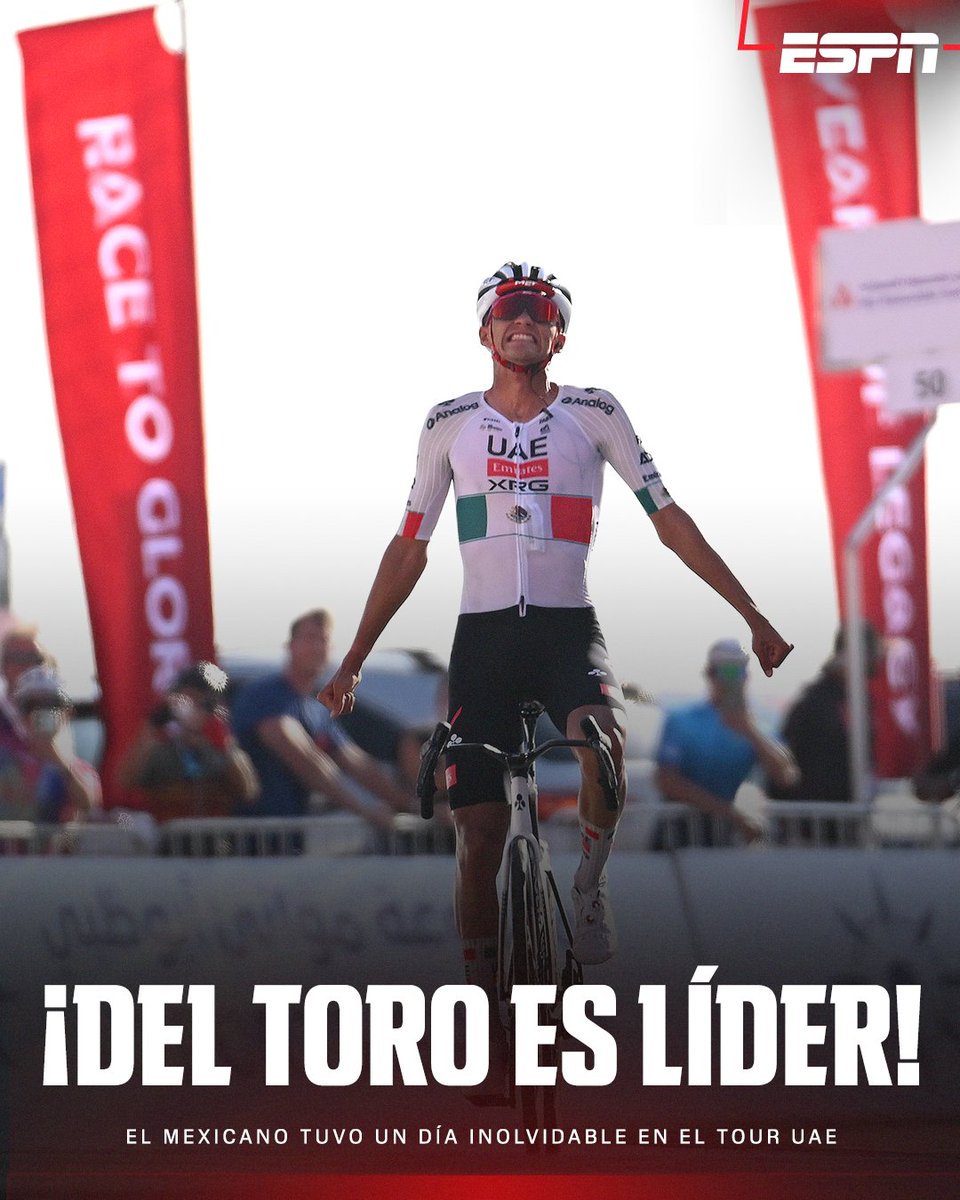 ESPNmx's tweet photo. Isaac Del Toro termina como líder luego de la sexta etapa del Tour UAE 🔝

El mexicano desbancó al italiano Antonio Tiberi (Bahrain Victorious) en esta etapa reina que acababa en la subida de Jebel Hafeet.🇲🇽🔥 https://t.co/FiJYJX0K7a