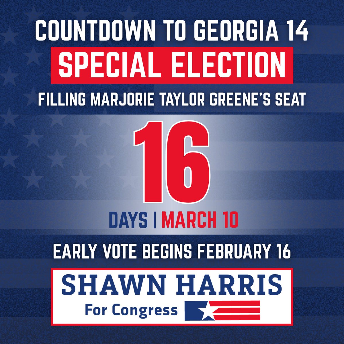 16 days until Northwest Georgia chooses new leadership!

The seat once held by Marjorie Taylor Greene is up for grabs, and every single day matters.

Get involved — volunteer, donate, or sign up today → shawnforgeorgia.com