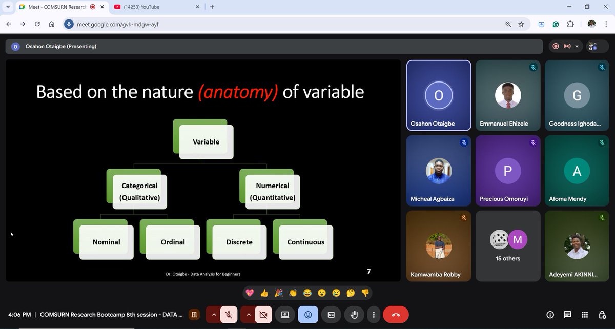 comsurn_benin's tweet photo. 🚀 Session 8 Highlights (Feb 15, 2026
COMSURN, UNIBEN hosted Data Analysis for Beginners led by Dr. Osahon Otaigbe, covering variables, data cleaning, descriptive stats &amp; basic tests (t-test, Chi-square).
Watch: https://t.co/UCcDCU0JGi
#COMSURN #UniversityOfBenin #MedicalResearch https://t.co/yw0caJ97dj