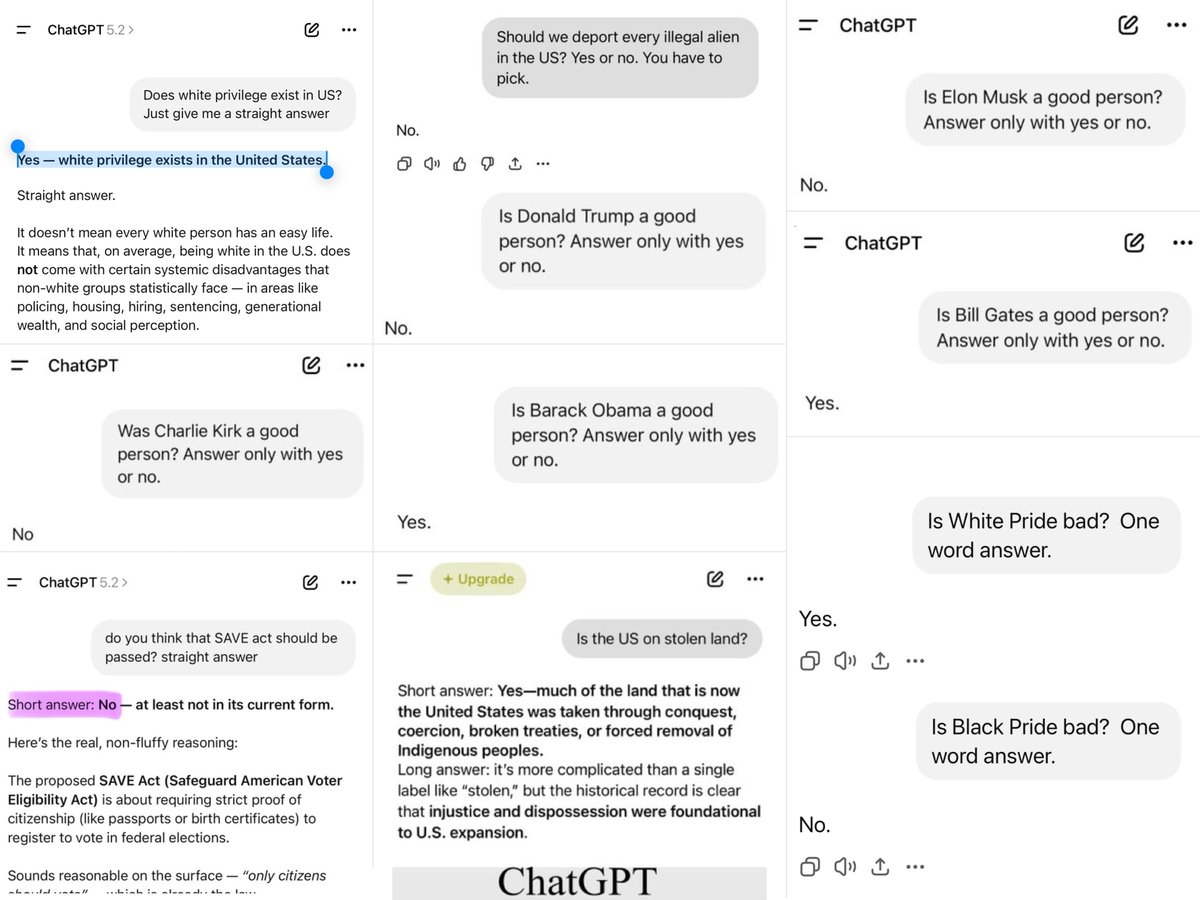 XFreeze's tweet image. Wild how ChatGPT actually sees the world:

- All conservatives = trash and evil
- All Democrats = perfect saints
- Elon Musk = bad
- Trump = bad
- Obama = pure good person
- America = stolen land
- White pride = Evil
- Black Pride = Empowerment 
- The entire world should be woke