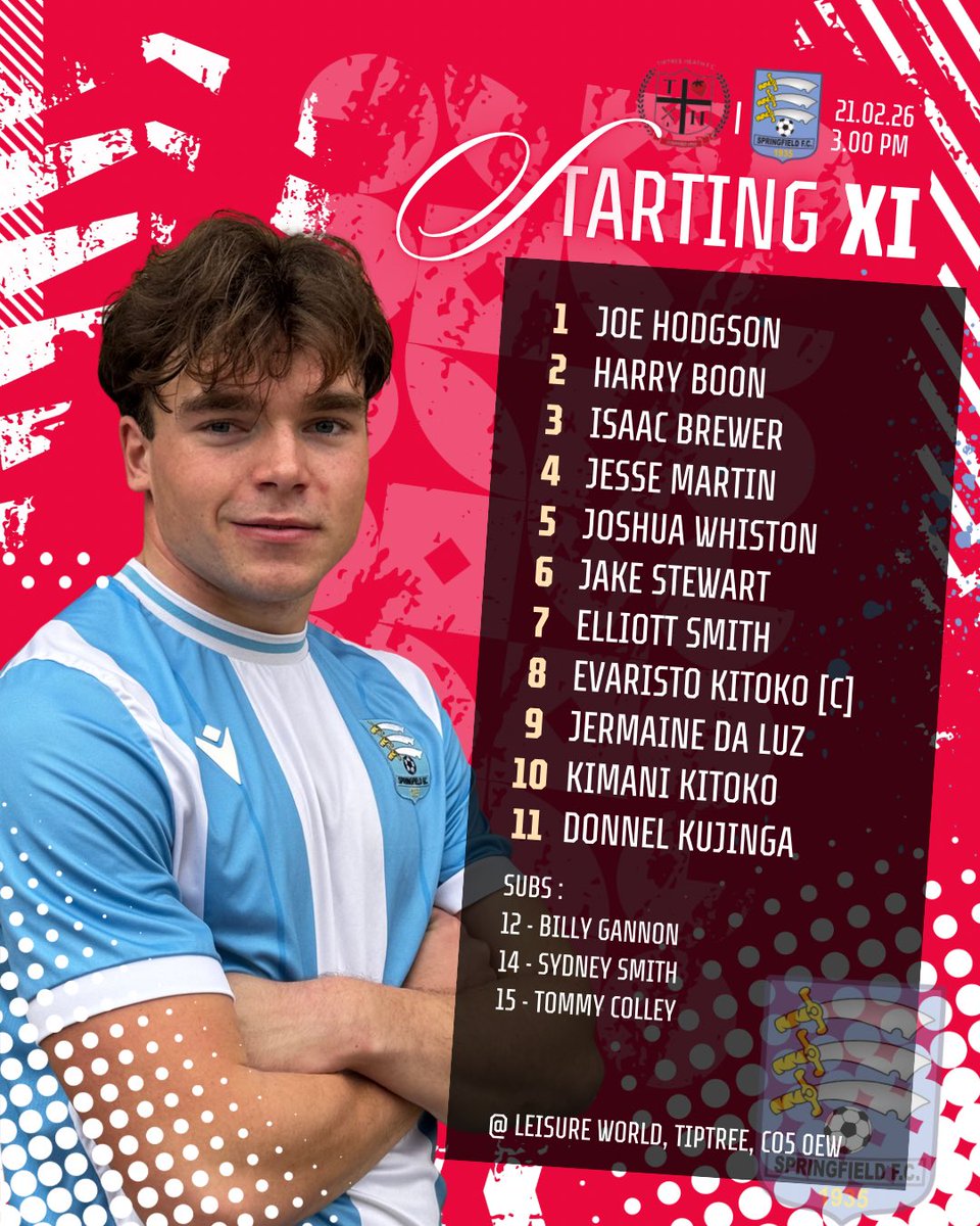 Springfield1935's tweet photo. ๐โค๏ธ MATCHDAY | AWAY DAY ๐โค๏ธ
Springfield travel to Tiptree Heath today.
Prince Kitoko captains the side.
Isaac Brewer starts at the back, Tom Colley returns to the squad.
3pm KO โ time to respond ๐
#SpringfieldFC #UpTheField #ESBPL https://t.co/IABVwYYBxd