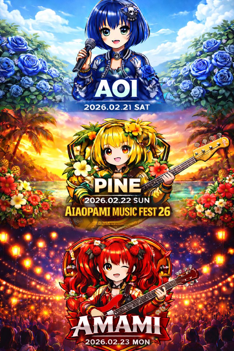 pain_2025's tweet photo. #AIアオパミ2026

『AI AOPAMI MUSIC FEST. 2026』

2日目突入！

本日は、パパパパパイン会場です🍍💫

メインテーマは
「音楽フェス♬.*ﾟ」

サブテーマは
「黄💛 × 夕方🌇」

そして本日は2月22日... 
ニャニャニャ！にゃんだってぇ～！
可愛らしい癒しฅ^•ω•^ฅで
溢れかえるじゃねぇ～か♡
でもでもでもでも、
そんなの関係ねぇ～♬.*ﾟ

昨日の残りものでも
ニャンコと一緒でも
過去に作ったものでも
ド～ントウォーリー！
ド～ンとこいやぁ～！
自由な描写を楽しんでくだしゃい！

その他、細かなルールは
ALTに記載だ...ゾ ���

――――――――――

🗓2/21(���)《アオイDAY》
青💙 × 朝🌅
powered by つくるのアオイさん
@AoI_tukuruno

🗓2/22(日)《パインDAY》⬅️ｺｺﾅｯﾂ♪
黄💛 × 夕方🌇
パイン🍍💫
@pain_2025

🗓2/23(月)《あまみDAY》
赤❤️ × 夜🌃
powered by 𓃠あまみ𓃠さん
@tenkai_amami

――――――――――

みんな～パインに
作品を見せてくれ～🙌🏻🌕