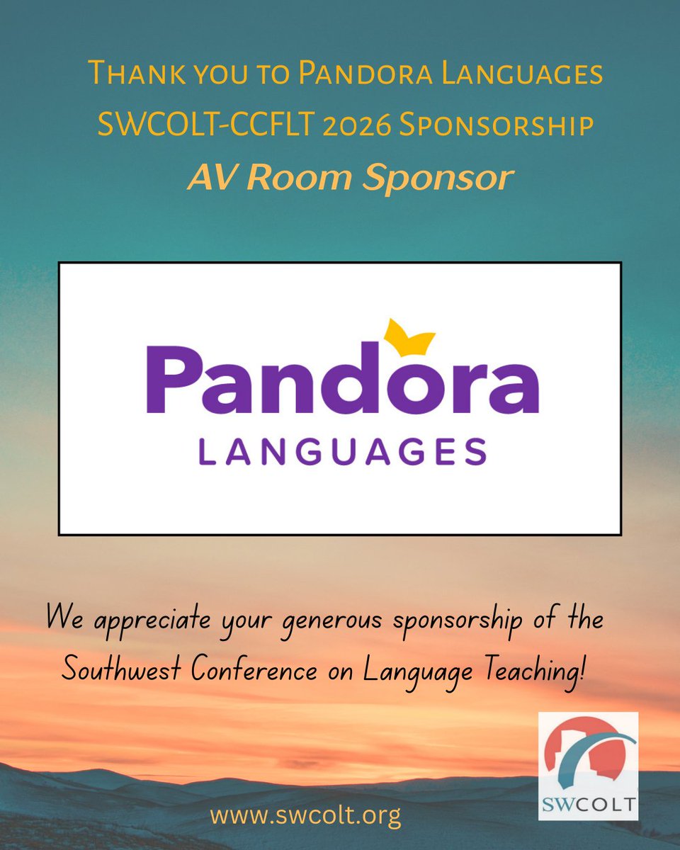 swcoltorg's tweet photo. Thank you to Pandora Languages for their generous sponsorship to SWCOLT-CCFLT 2026! We appreciate your support of WL education. Be sure to visit Pandora Languages at booth 7 (Garden level) at the Denver Omni Interlocken. @jraught @actfl @langchatPLN @CCFLT https://t.co/06zawlF3mW