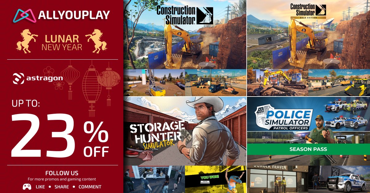 🚨 Astragon Lunar Sale: Up to 23% OFF Link in bio
🚧 Construction Simulator: 16.20€ / 13.62£ / 16.20$
🏅 Gold Edition: 28.50€ / 30.39£ / 27.59$
💰 Storage Hunter Simulator: 14.20€ / 12.20£ / 14.52$
👮‍♂️ Police Simulator: Patrol Officers - Season Pass – 19.20€ / 16.10£ / 18.10$