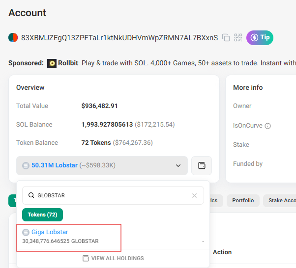 $Lobstar has 30 Million $GLOBSTAR now 

solscan.io/account/83XBMJ…