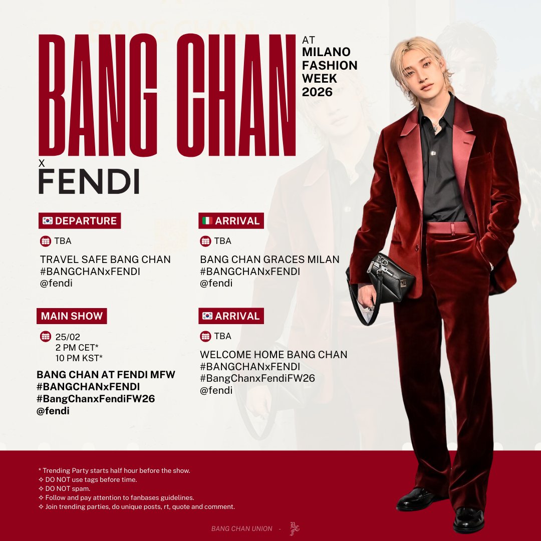 Bang Chan will be attending a new edition of Milan Fashion Week with Fendi. 

STAY, are you excited to see him? 👀

We’ll be celebrating his participation with different trending parties!
Please follow Bang Chan fanbases and make sure to use the tags correctly!

Let’s go!💛