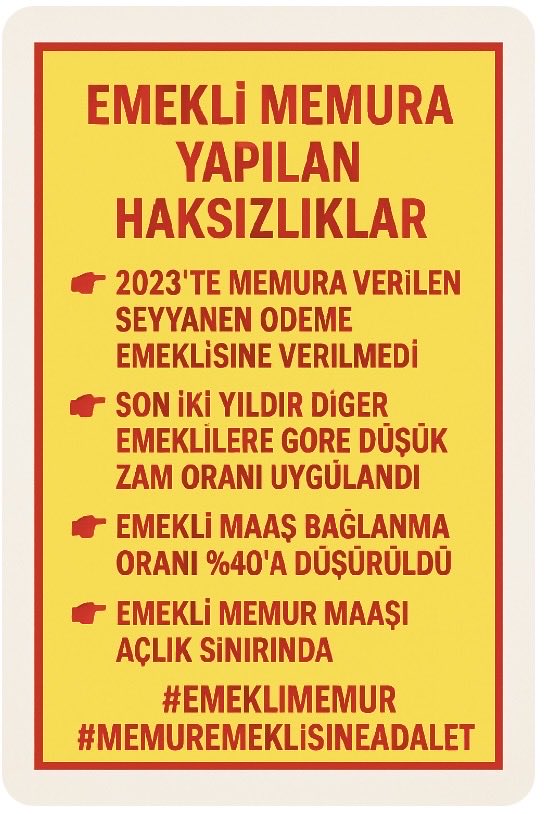 #EmekliMemur yasal hakkı olan ve Cumhurbaşkanının söz vermesine rağmen 375/40 KHK ile 34 aydır el konulan seyyanen zam sözünün yerine getirilmesini bekliyor... #MemurEmeklisineAdalet  <a href="/iletisim/">T.C. İletişim Başkanlığı</a> <a href="/Akparti/">AK Parti</a> <a href="/MHP_Bilgi/">MHP</a> <a href="/herkesicinCHP/">CHP 🇹🇷</a> <a href="/iyi_glck/">🇹🇷 İYİ Gelecek</a> <a href="/zaferpartisi/">Zafer Partisi</a>