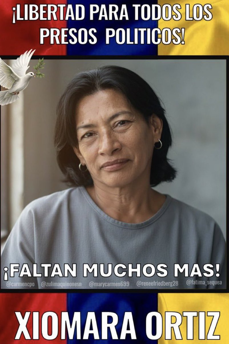 tiafatimasaleh's tweet photo. ADULTA MAYOR 

XÍOMARA ORTÍZ 
63 años 
Jubilada 

Recluida en PNB en Fundalara desde el 13/10/2025 con medida cautelar y con la salúd comprometida 

Su único delito defender la democracia. 
#LiberenATodasLasMujeres
#LiberenATODOSLosPresosPoliticos 
#QueSeanTodos https://t.co/IGAEgvMDPI