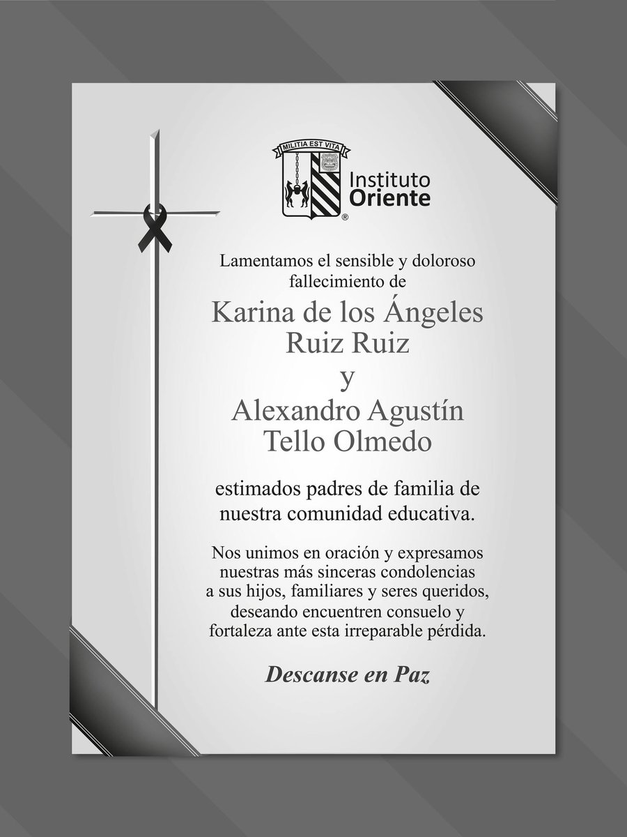 Nos unimos al profundo dolor de la comunidad del  <a href="/ioriente/">Instituto Oriente</a>  ante el hallazgo sin vida de Karina de los Ángeles Ruiz Ruiz y Alejandro Agustín Tello Olmedo, padres de familia de esta obra educativa de la Compañía de Jesús.

Acompañamos con nuestra oración a sus hijos y familiares,