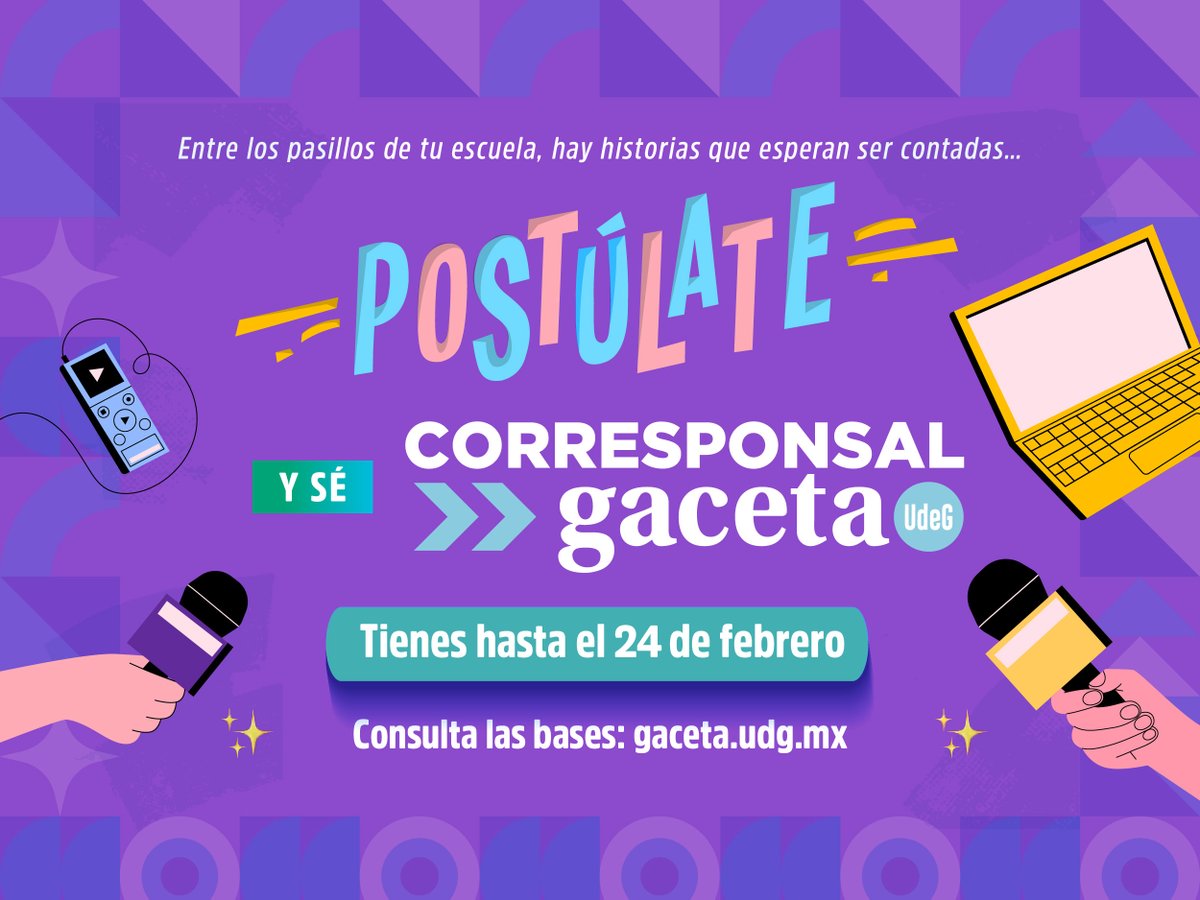 En cada plantel de la #RedUdeG hay una historia que merece ser contada… ¿Te animas a ser quien la cuente?🤔

Postúlate como #CorresponsalGaceta ✍️ 📸🎙️ , ¡La convocatoria se amplió hasta el 24 de febrero! 🤩

👉 url.udg.mx/a0FEK