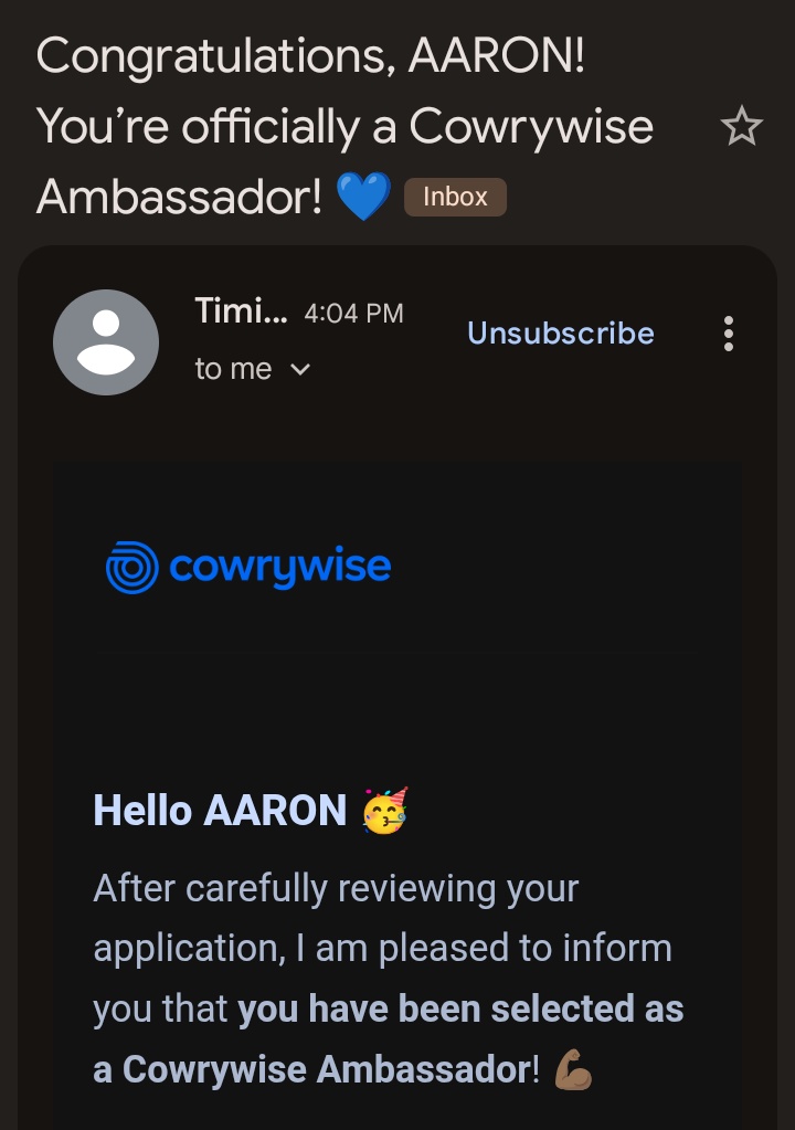 Hurray! I'm so excited today! I have just been selected as a *Cowrywise* *Ambassador!*🎉. You should check it out here- cowrywise.com/ambassadors (and ensure you register too).🤭