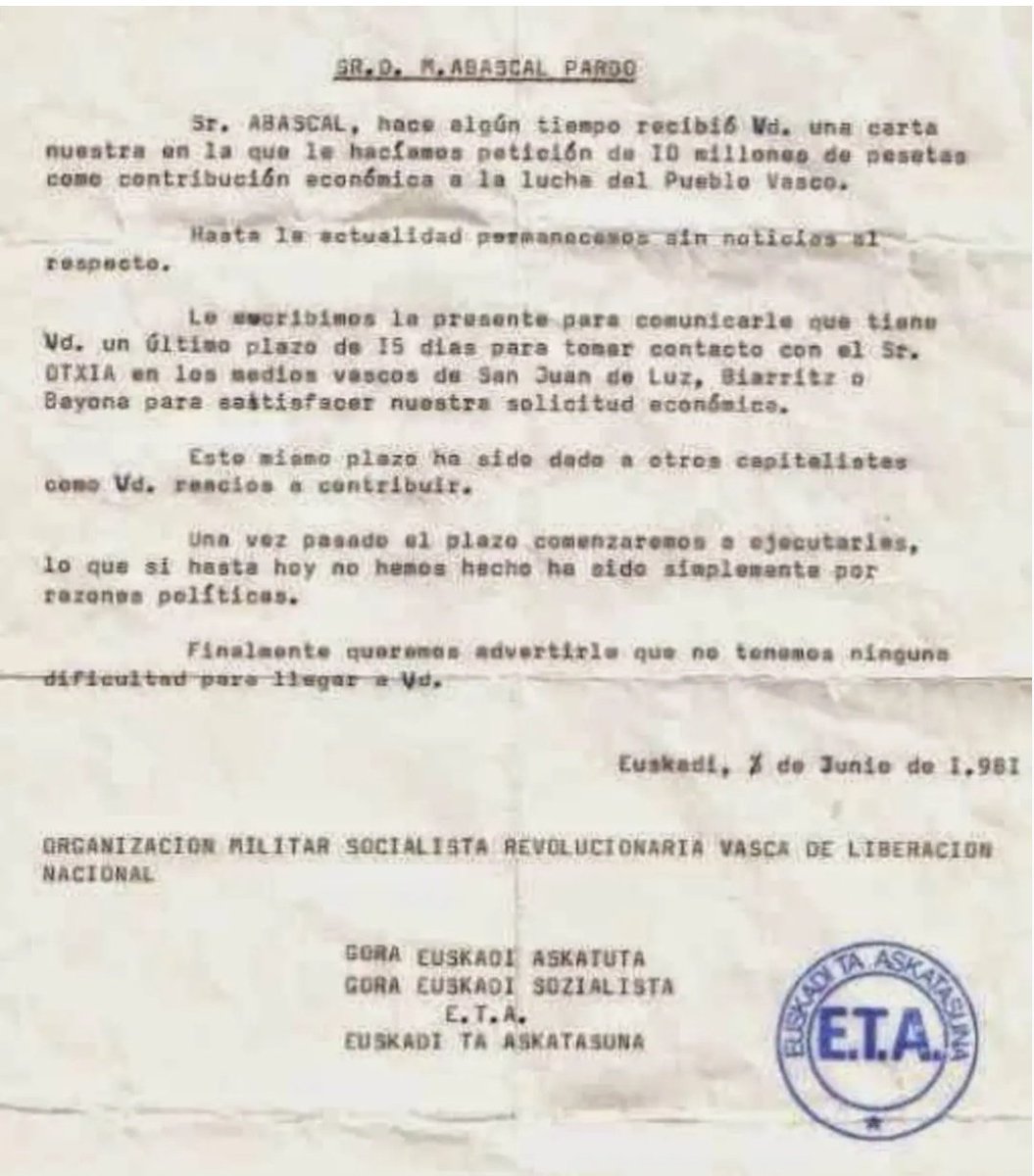 "Una vez pasado el plazo, comenzaremos a ejecutarles"... 
"No tenemos ninguna dificultad para llegar a usted".

(Carta de ETA,extorsionando al abuelo de <a href="/Santi_ABASCAL/">Santiago Abascal 🇪🇸</a> ). 

27 escaños tienen en Euskadi. 

Pero el peligro es VOX.