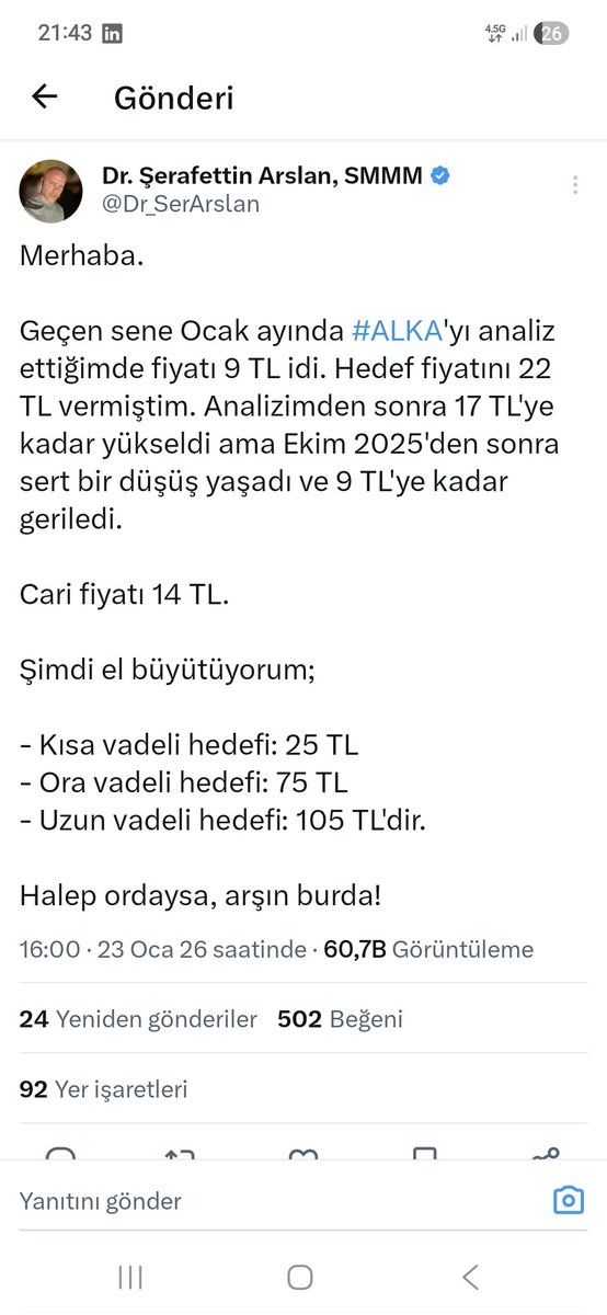 #alka tahtacısı bu. Hisseyi yazdığında hisse 14,45 tl civarlarındaydı. O hissesi yazar yazmaz bankof satışa geçti. Şuan ki durum bu. Ekran görüntüsü ile beraber cimere şikayet ettim.