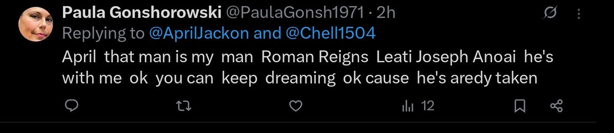 Normally I don't do this but this is just too far, everybody please block this person she thinks that she's in a relationship with Roman Reigns