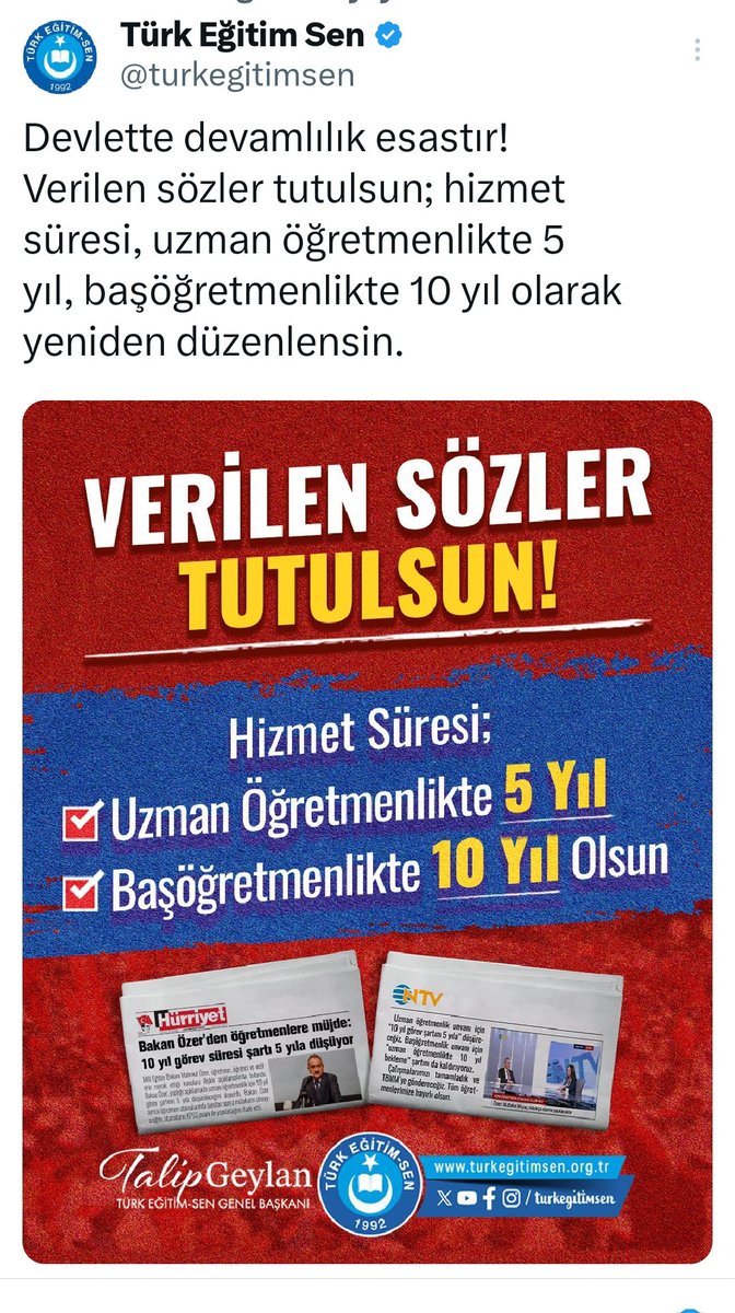 <a href="/ikoncuk/">İSMAİL KONCUK</a> <a href="/Yusuf__Tekin/">Yusuf Tekin</a> ÖMK da yapılacak düzenleme ile
👉657 tabi geçmiş yıllar dahil edilerek,
👉 Uzman ögr. 5 yıla, Başöğretmenlik 10 yıla indirilerek
yaşanan mağduriyetlerin sonu olabilir.
#ÖMK
<a href="/turkegitimsen/">Türk Eğitim Sen</a>
<a href="/egitimis/">Eğitim-İş</a>
<a href="/egitimsen/">Eğitim Sen</a>
<a href="/egitimgucusen/">EĞİTİM GÜCÜ SEN</a>
<a href="/HurEgitimSen/">Hürriyetçi Eğitim Sen Genel Merkezi</a>
<a href="/maarifsen/">Mil Maarif-Sen</a>
<a href="/EgitimBirSen/">Eğitim-Bir-Sen</a>