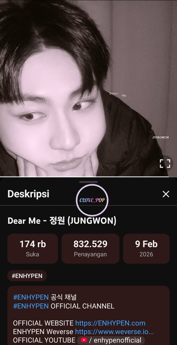 🎧 STREAMING PROOF “Dear Me” – Day 6/10
Ikut challenge 10 hari full 
By : clove_pop <a href="/Clovena69/">~♡ Clove_Pop ♡~</a>
With <a href="/yangjungwon_ina/">ENHYPEN JUNGWON INA 🇮🇩</a>
#DearMe #StreamingParty #JUNGWON 

youtu.be/9uDVag6HP8g?si…