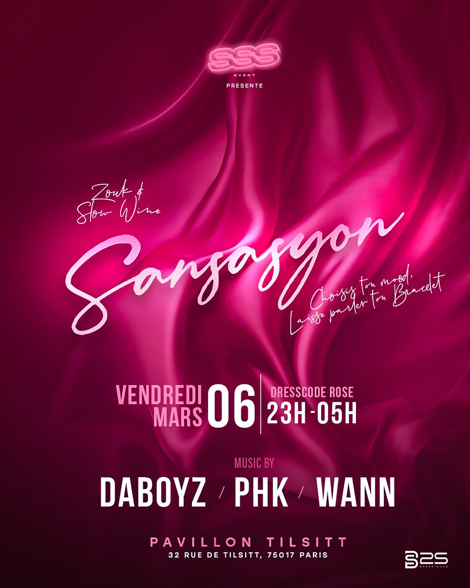 SANSASYON - Choisis ton bracelet selon ton Mood 🫦

📍RDV au Pavillon Tilsitt le 6 mars pour repartir avec des sensations gravées à jamais.

Aux platines <a href="/krysphkdj/">PHK !</a> <a href="/djwann97/">le 𝕨 😈</a> et <a href="/DjDaboyz/">Dj Daboyz</a> 🫢

💓 Dress code : ROSE. On compte sur vous pour jouer le jeu.

bizouk.com/events/details…