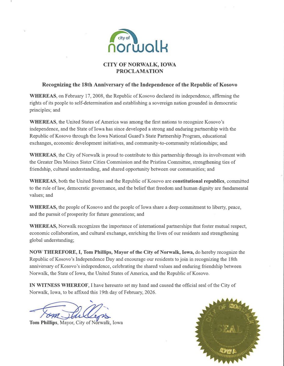 Thank you Mayor <a href="/PaulaDierenfeld/">Paula Dierenfeld</a> and Mayor Tom Phillips for officially recognizing February 17 as Kosova’s Independence Day in the City of Johnston and the City of Norwalk, Iowa 🇽🇰🇺🇸