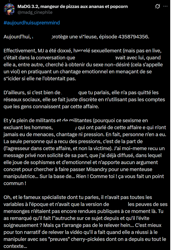 Et sinon, a part faire du DARVO et de l'inversion accusatoire, il sait faire quelque chose le Vincent ?

Continue d'utiliser tes arguments bidons habituelles stp. On se tape tous un fou rire à chaque fois qu'on te lit.

"Chercher a faire passer Misandry pour une menteuse