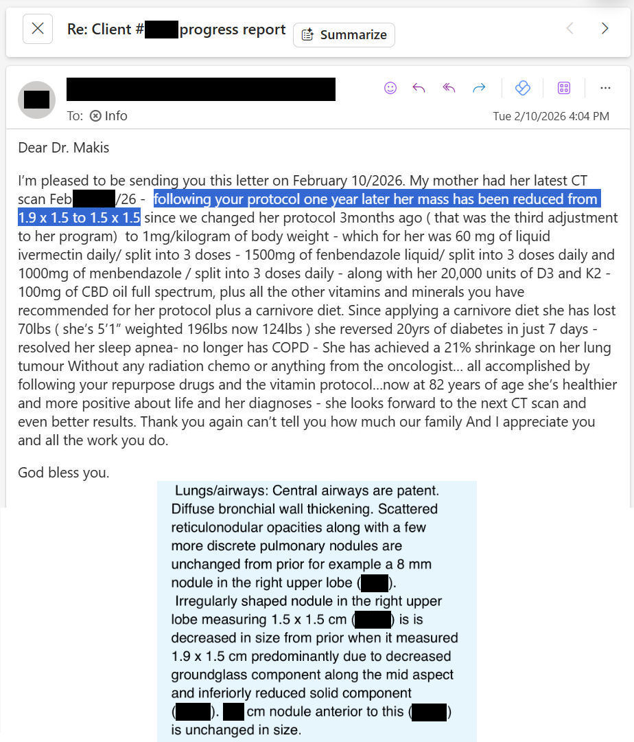 NEW ARTICLE: IVERMECTIN, FENBENDAZOLE and MEBENDAZOLE Testimonial - 81yo Canadian woman with early stage Lung Cancer reports after 12 months - Lung Tumor shrinks with no chemo, no radiation, no Oncology treatment!

🚨 TRIGGER WARNING: This Cancer success story was achieved