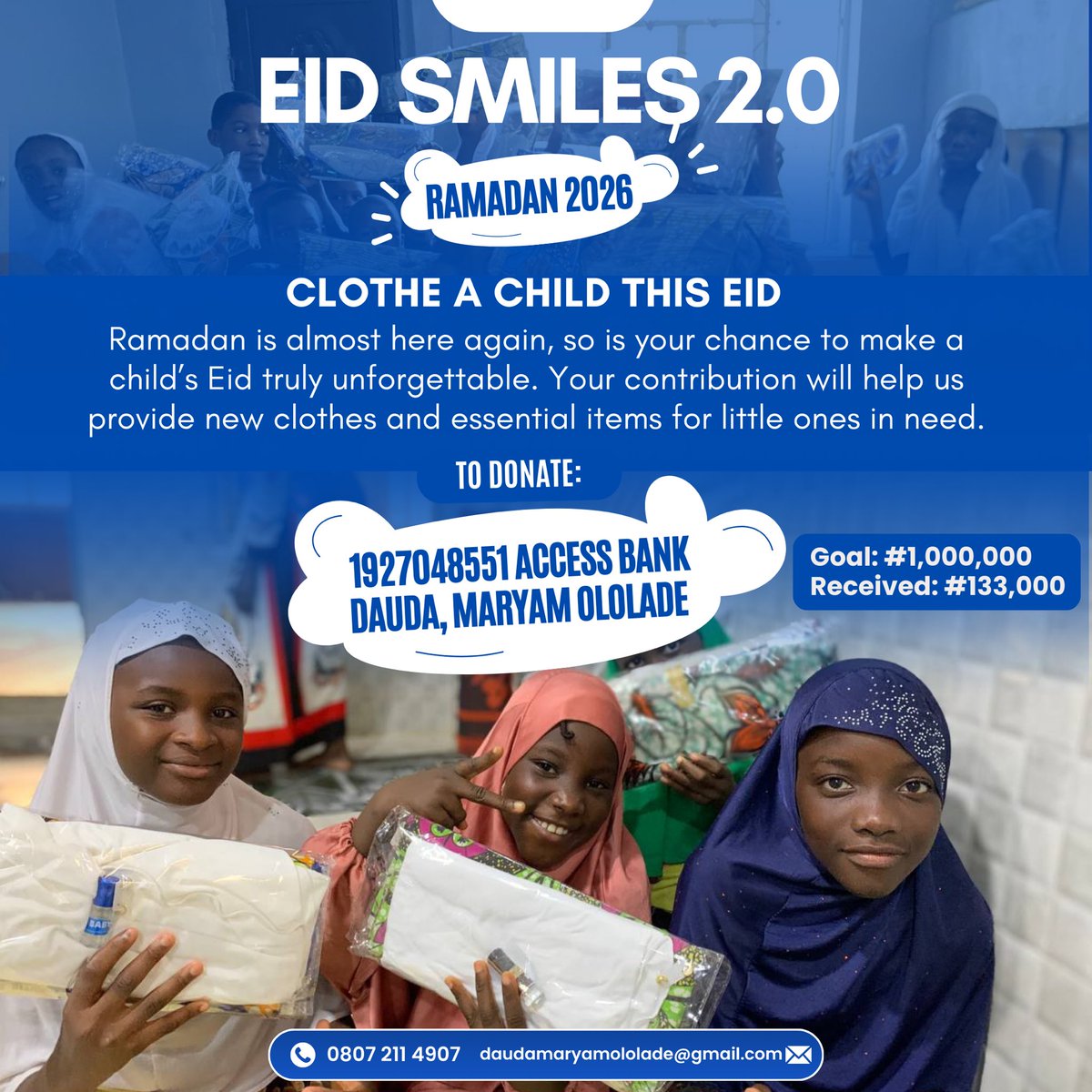 Ramadan Day 4.🥹🌙

We are still far behind but, I believe we will get to our desired goal InShaAllah.

Your donations will help us achieve this. You can be the reason a child has an unforgettable Eid experience this year. No matter how little, your donation goes a long way.🥹❤️