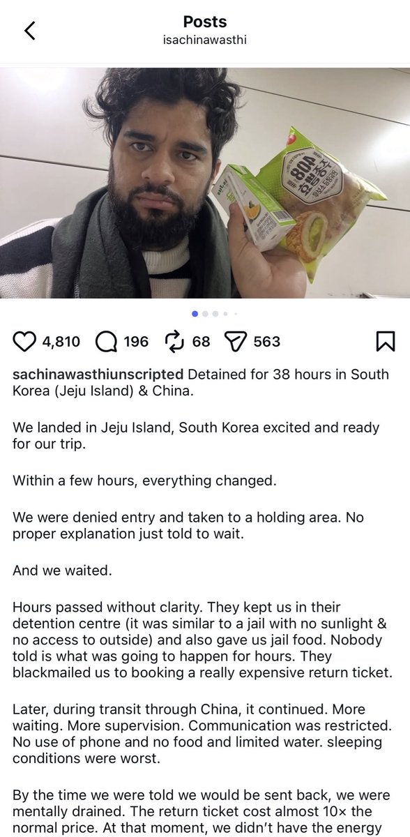 vijaita's tweet photo. Another Indian - Sachin Awasthi, popular for his humorous reels on Instagram was detained by immigration in South Korea and also China. He says he was travelling with his wife and subjected to harassment by Korean and Chinese officials. 

https://t.co/1iKZInQ62D https://t.co/jxvYQDzZoc
