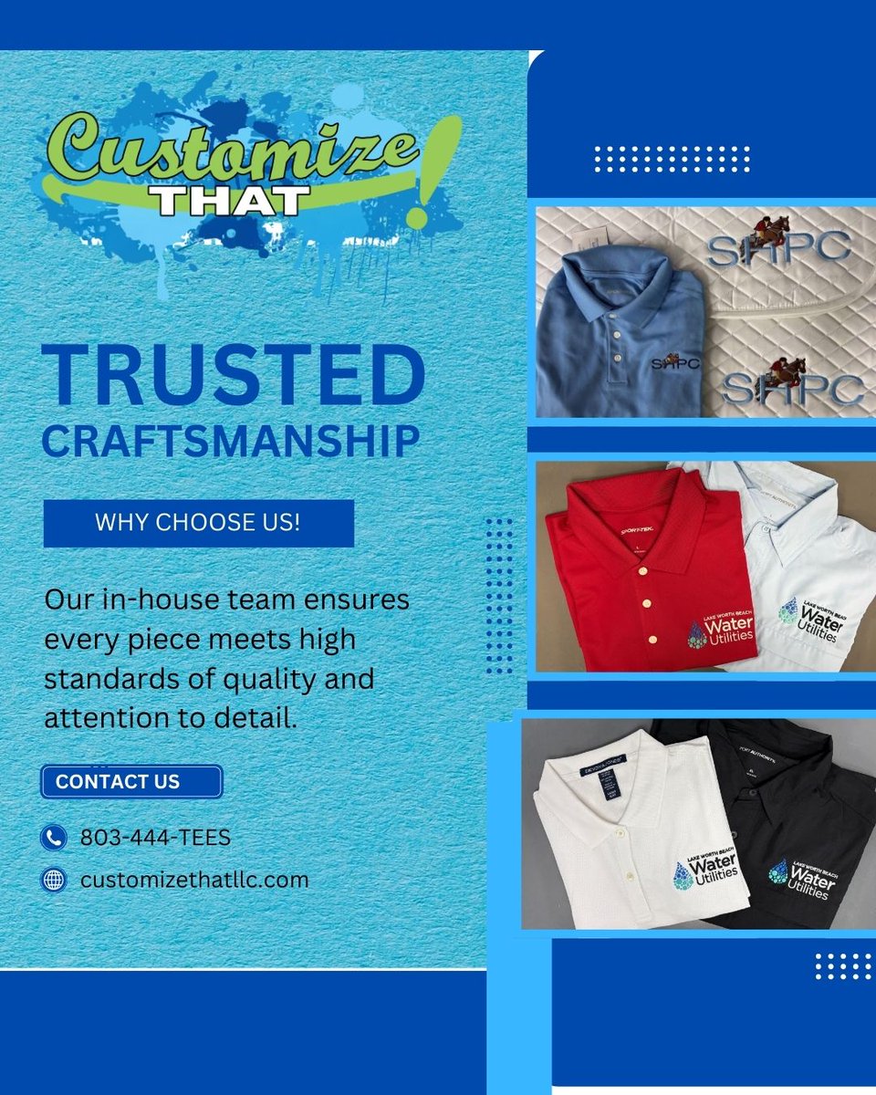 Customize_That's tweet image. ✨ From blank to branded, our team delivers unmatched quality in every stitch and print—your brand deserves the best! Call 803-444-TEES today! #CustomScreenPrinting #EmbroideryExperts #PromoProducts #QualityCraftsmanship #LocalBusiness #BrandElevated
