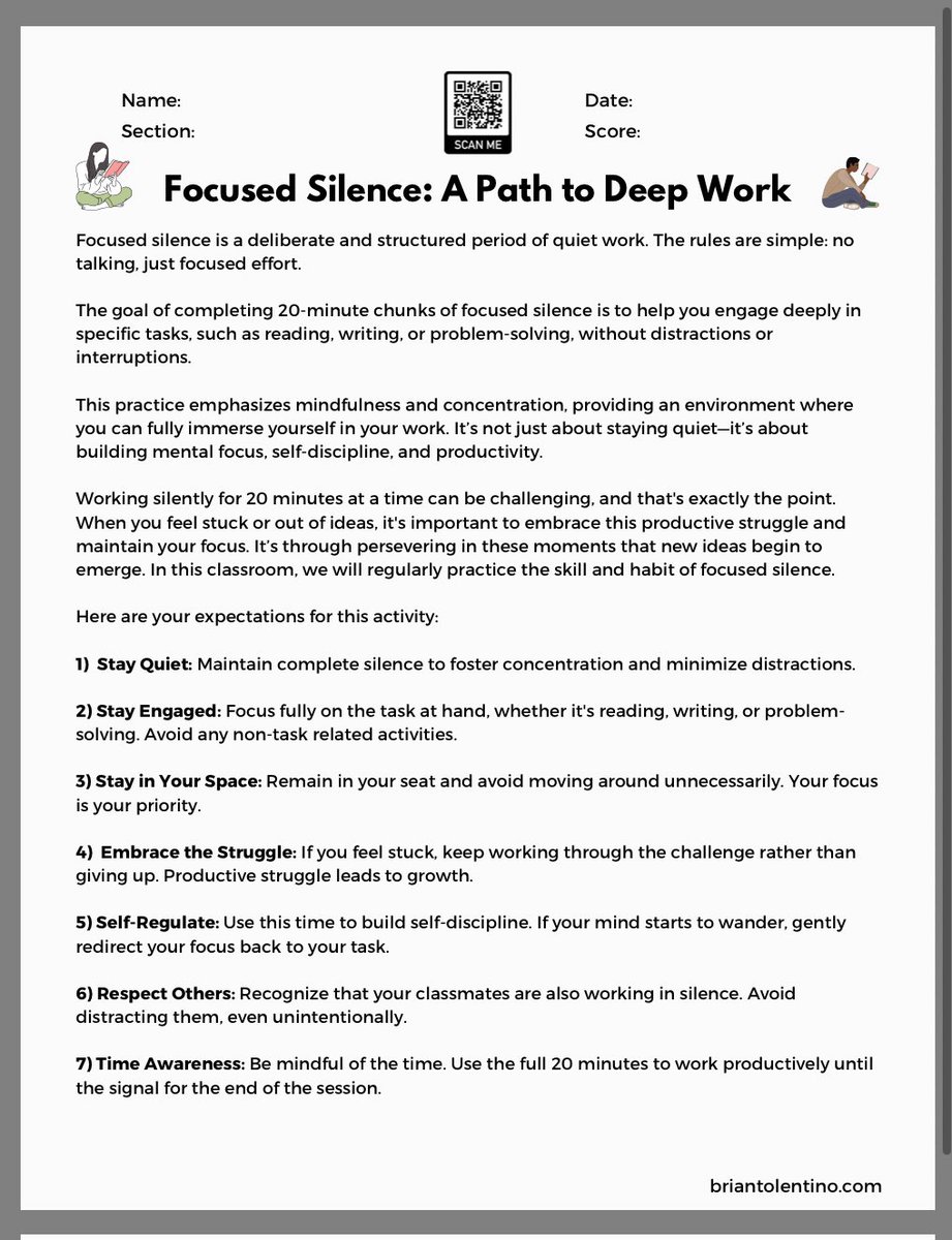 Each of my classes includes at least 20 minutes of “focused silence.”

To help students understand the purpose of this practice, I provide them with a detailed explanation. It also includes a writing response, allowing them to reflect and develop their own strategies for making