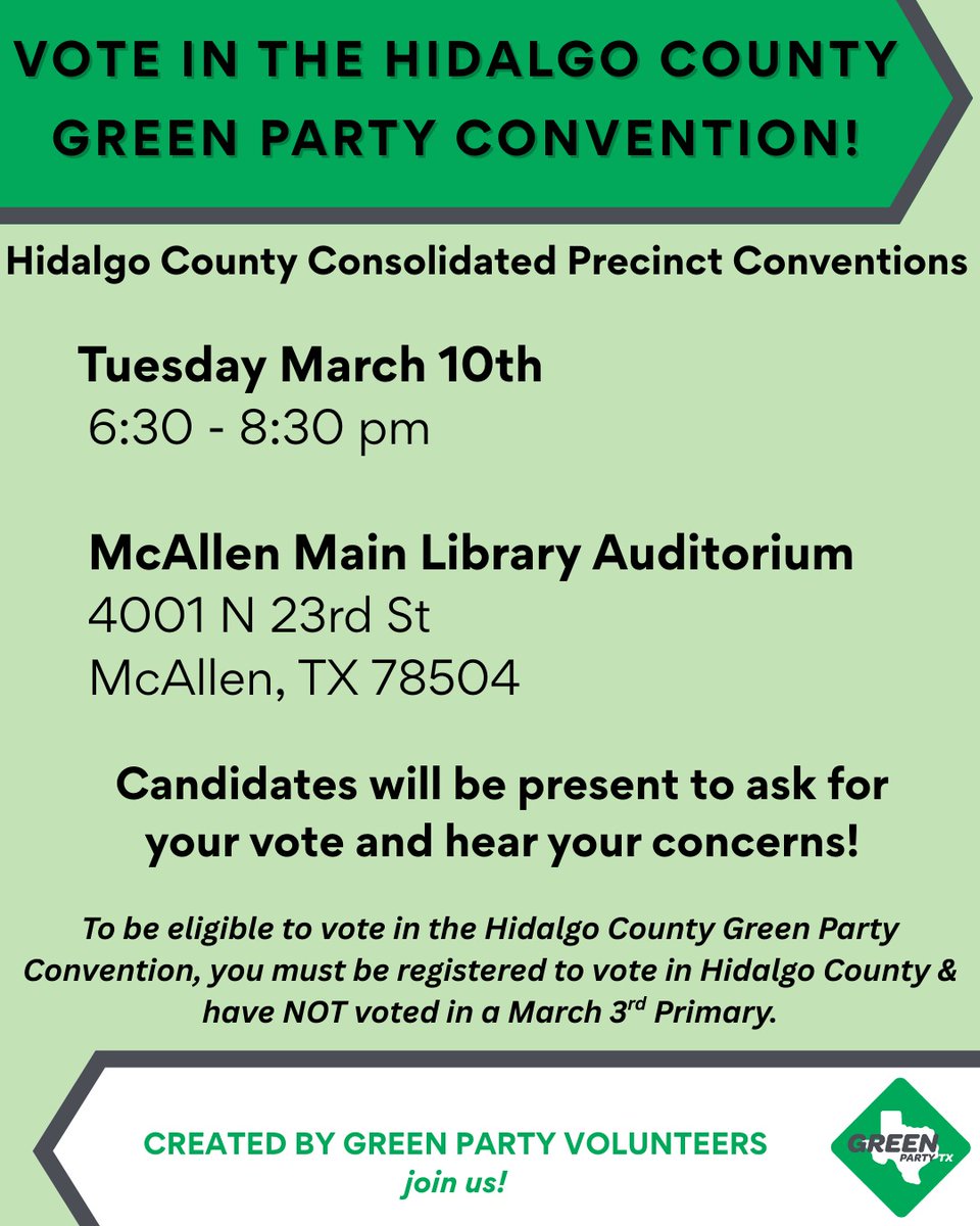 Espinoza4TX's tweet photo. Exciting time for the Green Party of Texas!

You can only vote in one primary. 

So if you can't handle voting for Blue Maga or Red Maga, then come and vote in the Green Party Precinct Convention on March 10th!

We would love to meet you and answer any questions you may have, to include how we're taking TX-34 congressional seat from the two corporate candidates. 

Go Green!