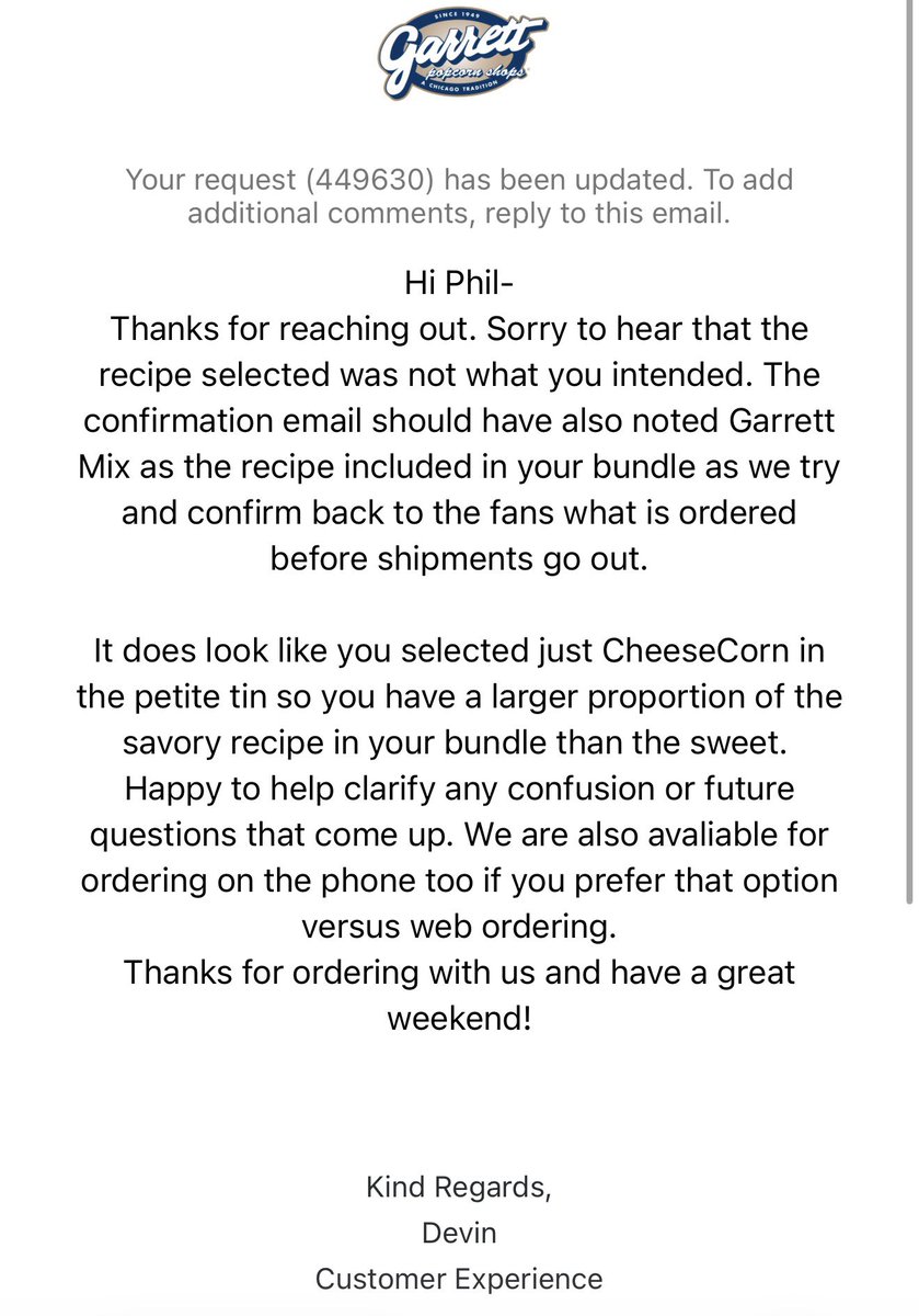 So <a href="/GarrettPopcorn/">Garrett Popcorn</a>, it’s not a good look to send an email back to a loyal customer blaming them for their mistake when they openly admitted it in their email to you. Not great customer service at all.