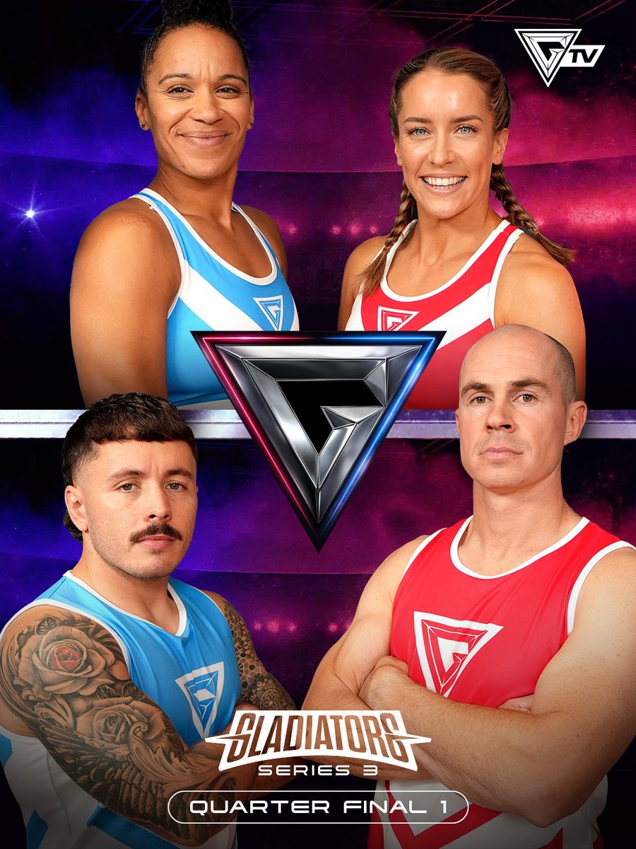 GladiatorsTV's tweet photo. Quarter-finals. Game on! 💥

🔵 Naomi (40) Birmingham
🔴 Ellie (37) Edinburgh
🔵 Tyler (30) Wigan
🔴 Mark (38) Essex

This week: Hammer puts a sock in it, Viper leaves the Glads in the dark… and the return of a 90s classic

#Gladiators is available on iPlayer or 7:15pm BBC One https://t.co/D10aYJTSpx