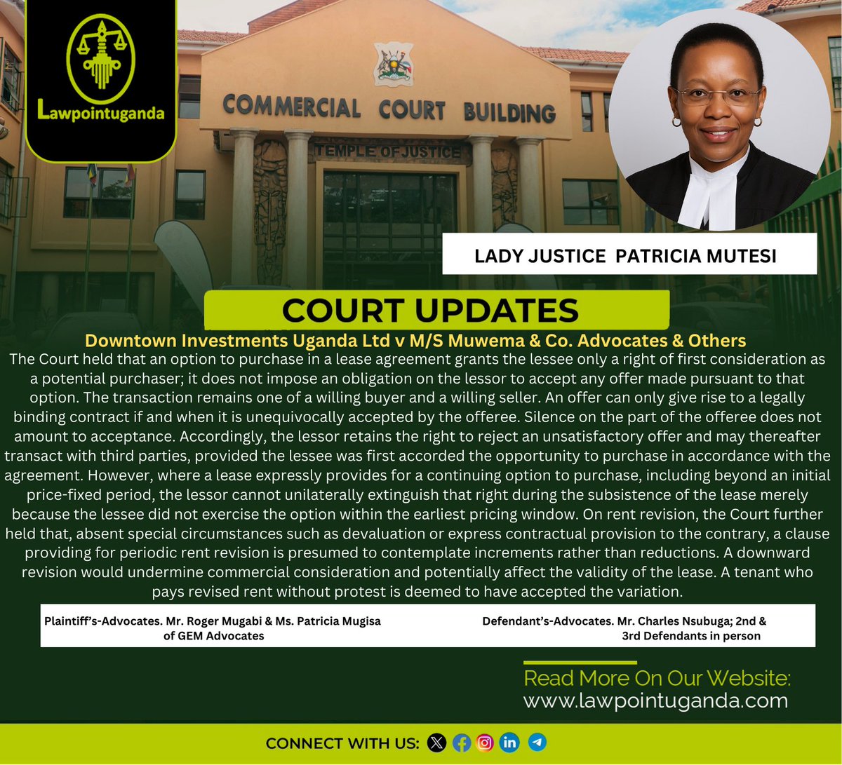 ''There is absolutely no reasonable justification for a lessee refusing to pay rent while insisting on continued occupation.'' The High Court declares Muwema &amp; Co. Advocates to be in wrongful possession and orders it to vacate.

Read more 
lawpointuganda.com/post/there-is-…