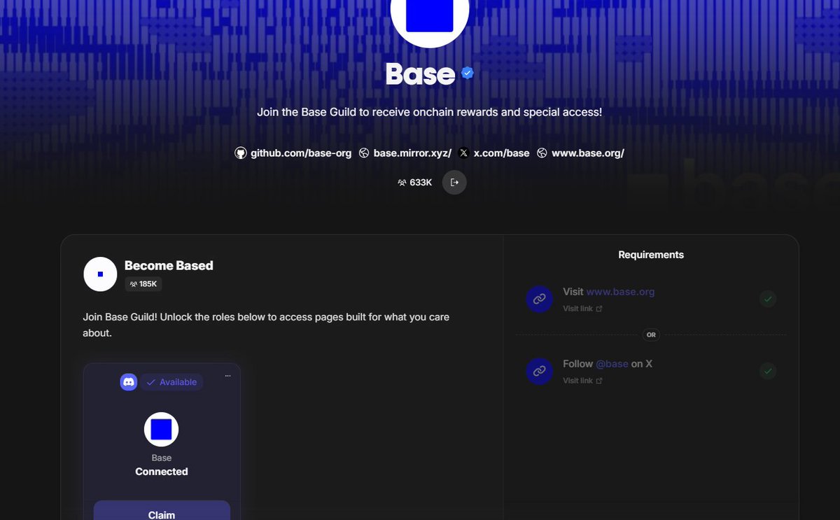 前天 Base guild 改版 这里省流放一下交互重点

1. 加入 Guild (积分看板)
动作： 进入 guild.xyz/base。

目的： 这是官方认可的计分板 最近更新很多任务 主要来说就是建议大家把能交互跟做的都去做

2. 註册 Basename (链上身分)
动作： 前往 base.org/names 花约 $4 註册。