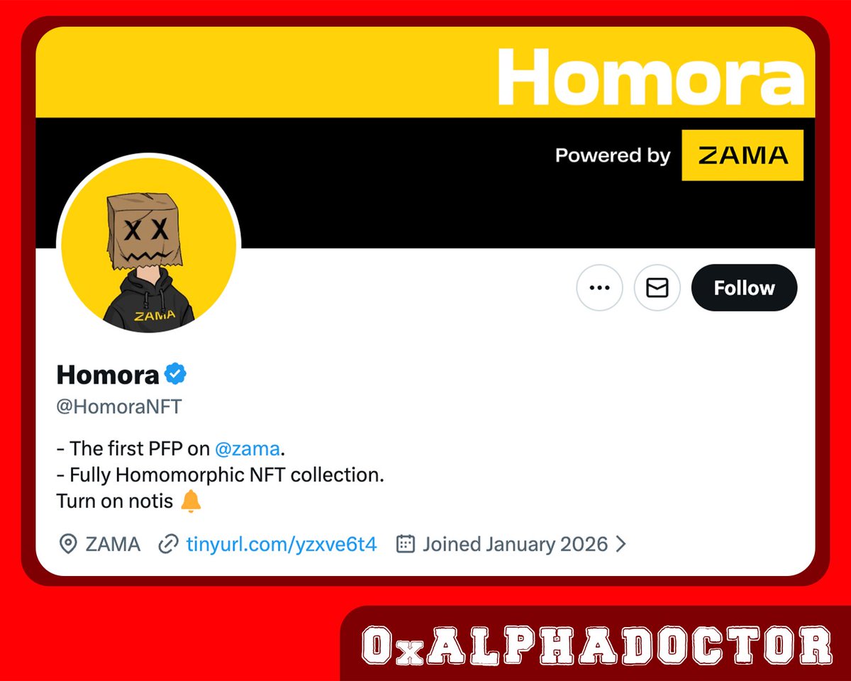 0xAlphaDoctor's tweet image. 🚨 Very Early NFT Alpha:

𒀸 @HomoraNFT (The First PFP NFT collection on @zama)
      TBA ⊹ TBA ⊹ ZAMA

Fill this form: tinyurl.com/yzxve6t4

Like + RT + Drop wallet for WL chance.