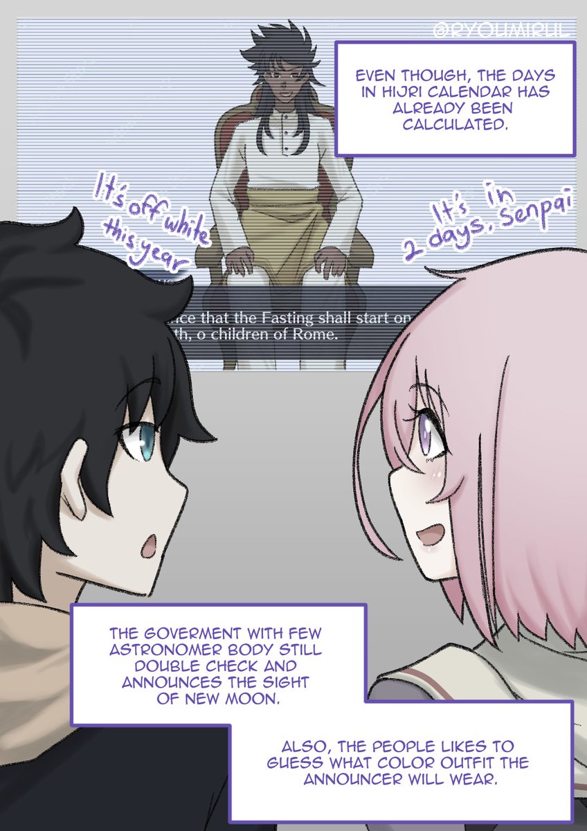 Day 3.2 Mashu Ramadan

The announcement of Ramadan and what color Romulus wearing this year.
#FGO