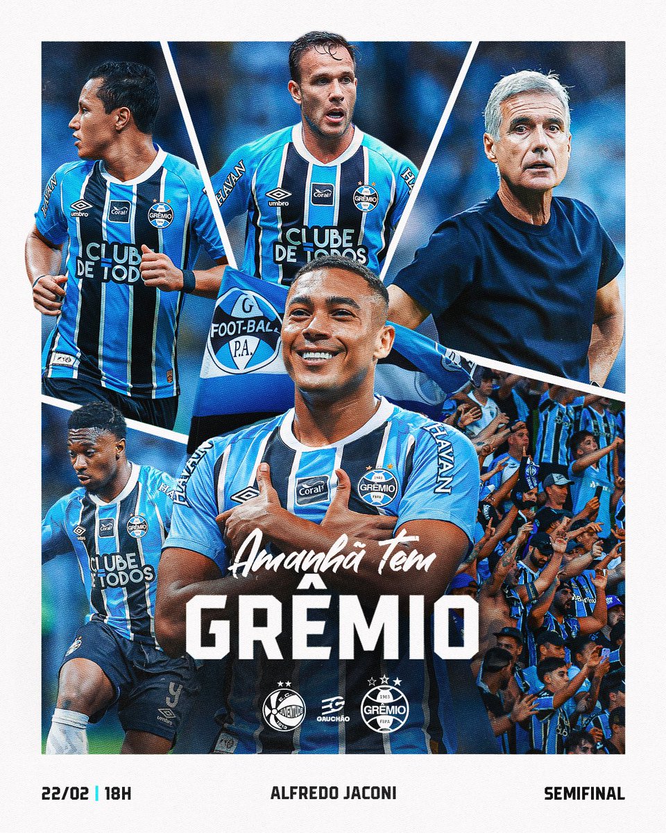Gremio's tweet photo. AMANHÃ TEM GRÊMIO 🇪🇪 No manto, carregamos a história, a raça e o orgulho de milhões de gremistas. Neste domingo, vamos batalhar juntos pela vaga na decisão do #Gauchão2026. É do primeiro ao último minuto. É pelas três cores. PRA CIMA, GRÊMIO!

#JUVxGRE https://t.co/p9dgY1jUQ1