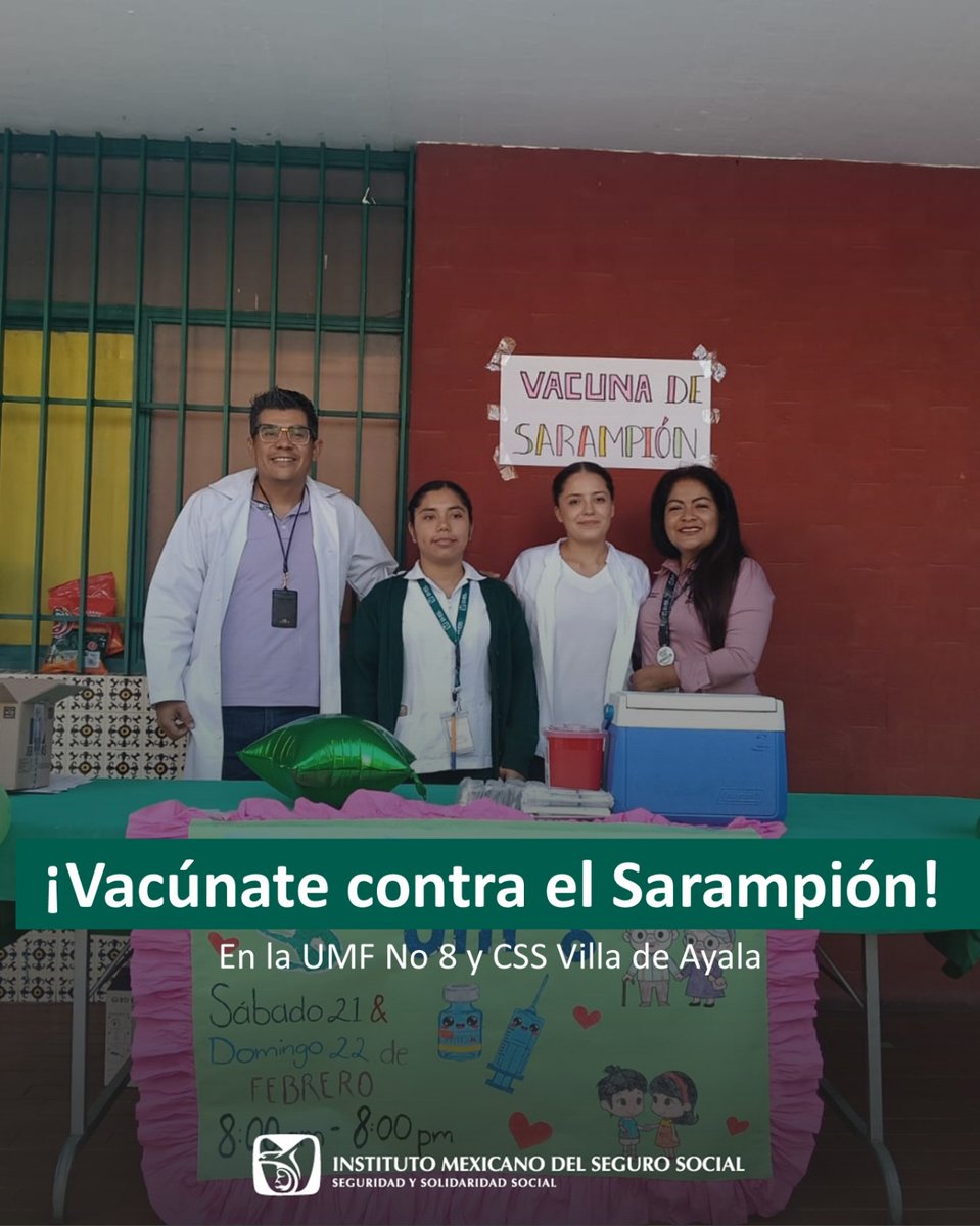 💉✨ ¡Es momento de cuidarnos!

Acude a las UMF y CSS del #IMSSMorelos y protégete del sarampión.

👶 Niñas y niños de 6 a 11 meses
🧒 Niñas y niños de 1 a 12 años
🧑 Personas de 13 a 49 años que no cuenten con dos dosis

📍 Sábado y domingo | 8:00 a 20:00 horas