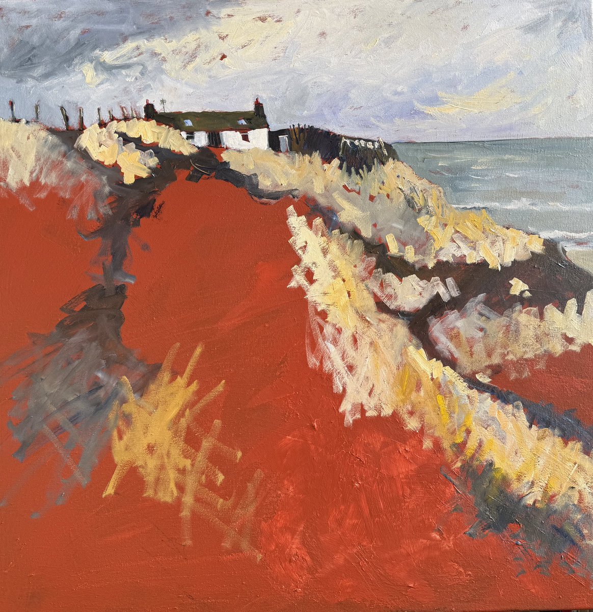 staithesartist's tweet image. #WIP Sometimes #paintings paint themselves and this looks to be one of them. New take on #cottage by the sea. 30x30” blockcanvas #oils