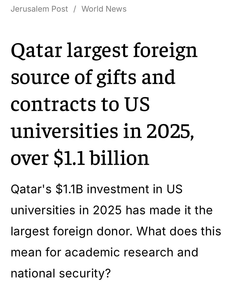 Why is Qatar, a tiny nation 1000s of miles away, investing so heavily in U.S. higher ed?

For the same reason it's investing so heavily in U.S. politics &amp; media.

For the same reason it's hiring top lawyers &amp; PR firms.

To promote a radical agenda.

Wake up, America.

cc: <a href="/ISGAP/">ISGAP</a>