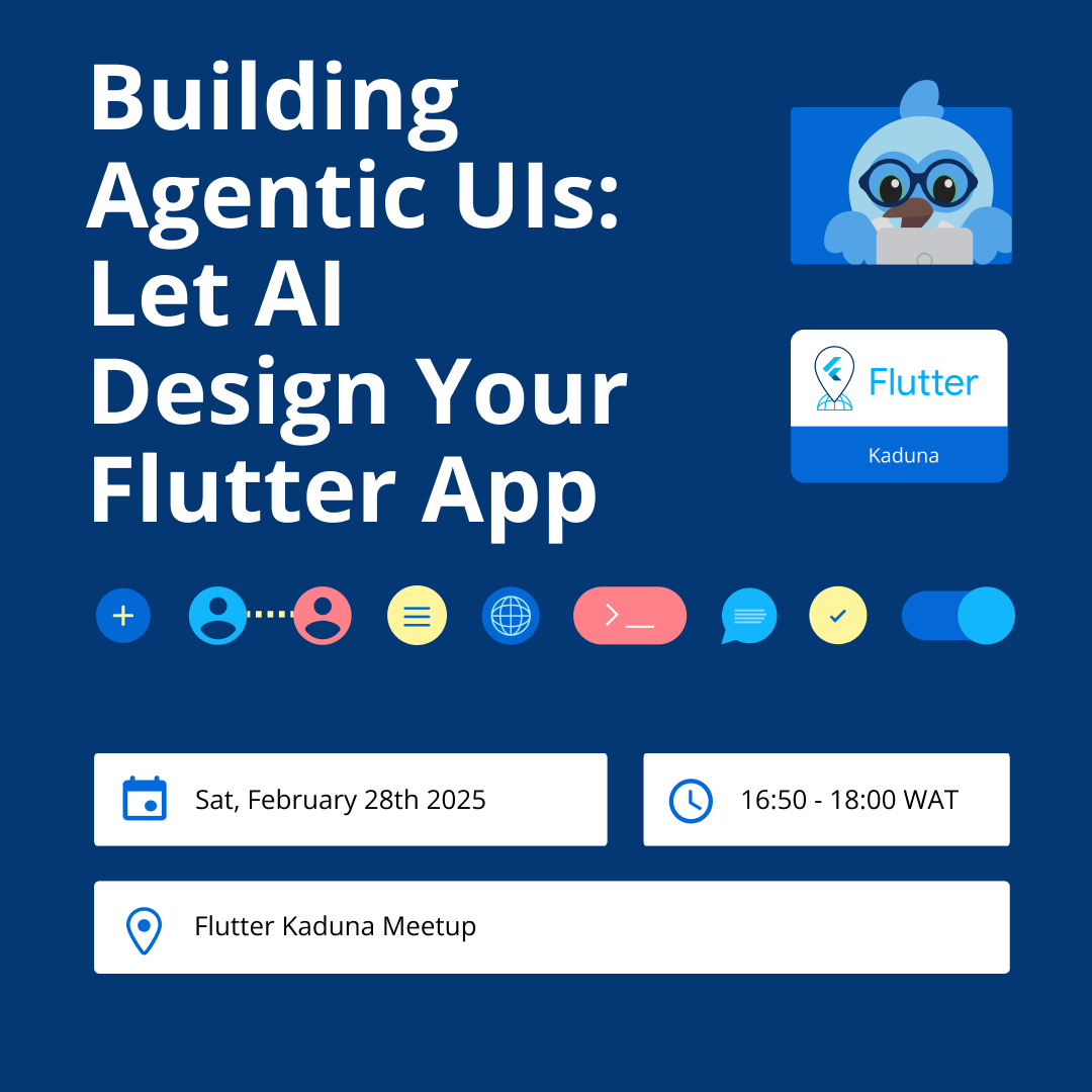 FlutterKaduna_'s tweet photo. 🚀 The future of mobile is here: Building Agentic UIs - Let AI Design Your Flutter App. 🤖✨

We’re moving beyond static screens to interfaces that think and adapt in real-time. Don't miss this!

📅 Saturday, Feb 28th 2026
 RSVP: https://t.co/ZfL2YMCf6q

#FlutterDev #GenerativeUI https://t.co/jQnedfzbph