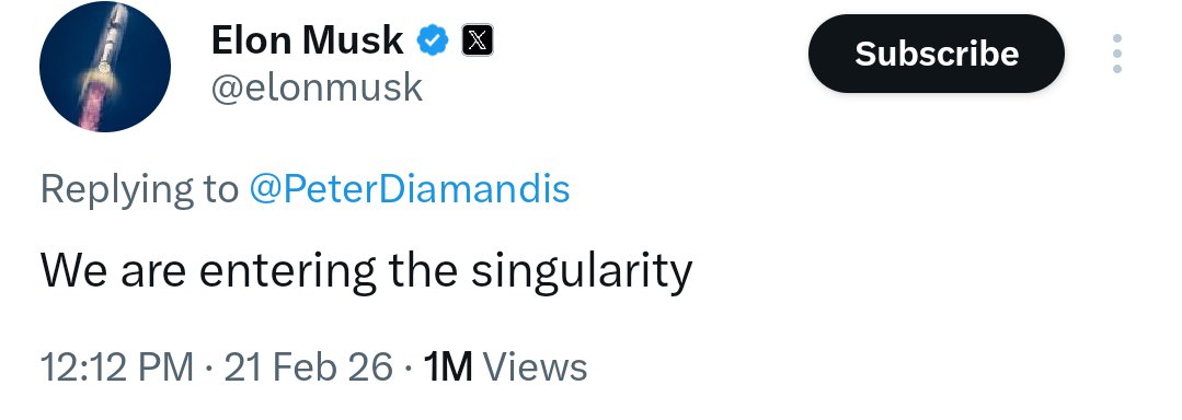 AnandPanna1's tweet image. 🚨Elon Musk : 21 Feb 26 : "We are entering the #singularity"

x.com/i/status/20209…