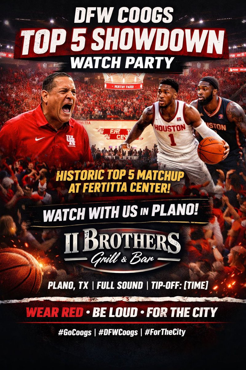 UHCougar07's tweet photo. @UHAADFWCoogs 

🔥 FIRST Top 5 matchup ever at Fertitta Center!

If you’re in DFW, watch it with us at II Brothers in Plano — game ON with sound.

Wear red. Be loud. Let’s pack it out. 🐾

#GoCoogs #DFWCoogs #ForTheCity https://t.co/BraFbm5egT