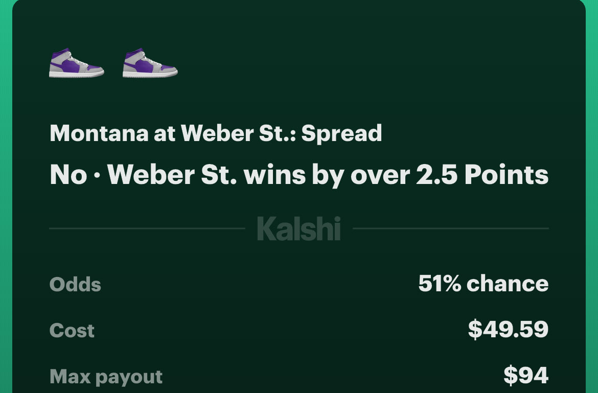 Locked in: Montana +2.5 🏀 
(Weber St. to win by +3 - NO)

LETS KEEP CASHING THESE 🤑 

If you’re not on Kalshi yet, use my link 👇

kalshi.com/sign-up?referr…

✅ Sign up
✅ Bet $10
🎁 Get $10 free

🚨 $50 GIVEAWAY - RT + Follow 🚨