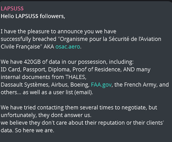 ⚠️ URGENT: LAPSUS$ Group Targets OSAC (French Civil Aviation) in Major Extortion Attempt ⚠️

The notorious #LAPSUS$ group has claimed a massive breach of "Organisme pour la Sécurité de l’Aviation Civile Française" (osac.aero).

🇫🇷✈️ Key Threat Intelligence:

Volume: