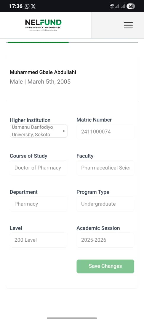 BIGWHALETRACKER's tweet photo. @NELFUND I officially changed my course from pharmacy to MBBS, and the university has updated this on its portal.
However, my NELFUND profile still reflects Pharmacy instead of MBBS.
Kindly clarify the cause of this discrepancy and confirm if any action is required from my end. Please 🙏 https://t.co/YsQPMqkgzF