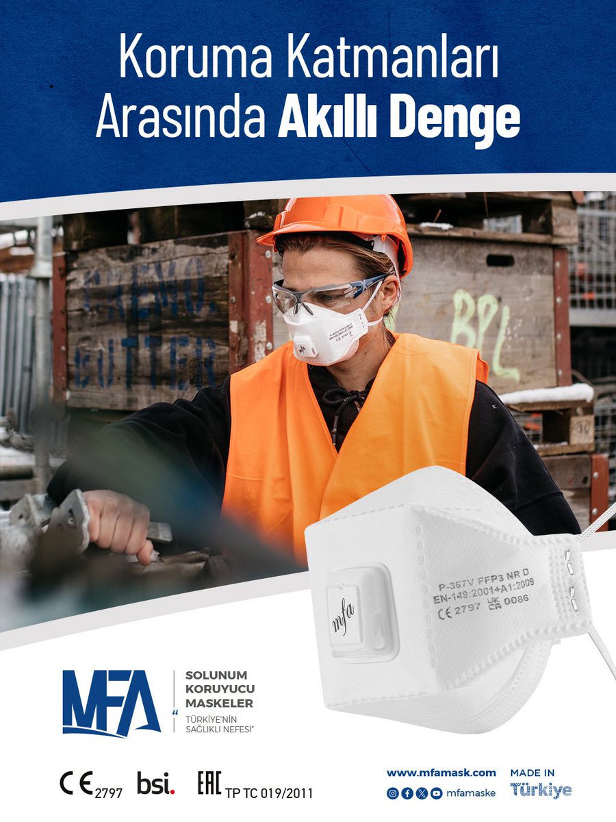 Toz maskeleri; baret, yüz siperi ve diğer kişisel koruyucu donanımlarla birlikte kullanımı kolaylaştıran ergonomik tasarım anlayışıyla üretilir. Bu yapı, şantiye ve endüstriyel sahalarda hareket kabiliyetini kısıtlamadan solunum korumasının sürdürülmesine katkı sağlar.

#MFA 😷